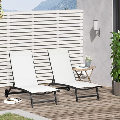 Lot de 2 bains de soleil en aluminium et textilène avec roulettes dossier inclinable charge max. 150 Kg crème