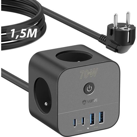 Multiprise Cube 70W Chargeur Rapide USB C, Rallonge Électrique avec Interrupteur, Compatible avec 17, S26, 1,5m, Noir (1/5)