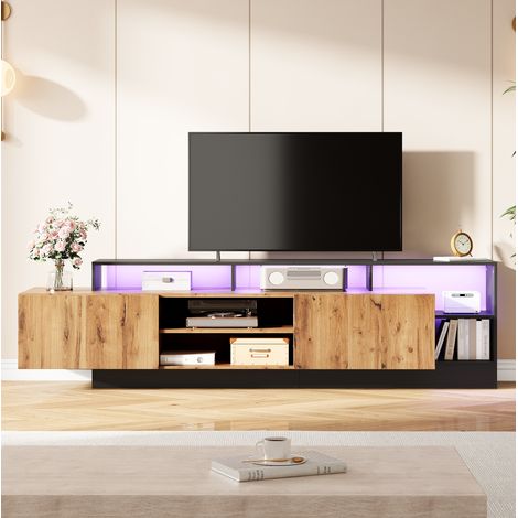 Mueble para TV de aglomerado negro y roble 190 x 40 x 48,5 cm con 2 puertas abatibles, estantes abiertos y luz LED (1/5)