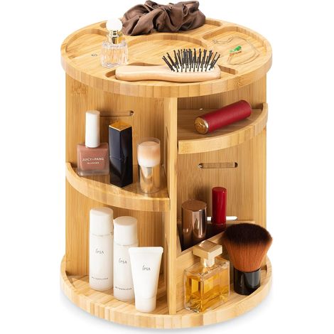 Organizador de maquillaje giratorio de bambú, con separadores ajustables, para productos de baño, cuidado de la piel y belleza. (1/5)
