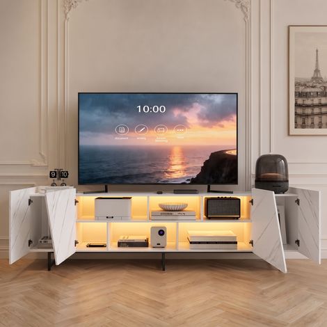 Mobile TV 220 cm, porta TV da soggiorno con LED RGB e 4 ante contenitore, mobile basso elegante effetto marmo con robusti piedini in metallo, bianco (1/5)
