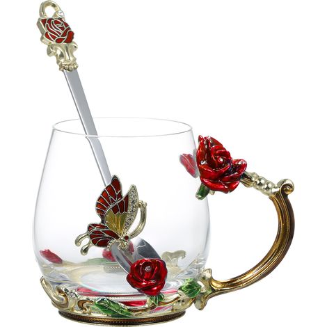 Handgefertigtes Set aus rosarotem Glasbecher mit Henkel, Tee-/Kaffeebecher mit Löffel, Reinigungstuch, Untersetzer und Tassenablage – ein ideales Geschenk für Partys, Geburtstage, Nachmittagstee, Zuha (1/2)