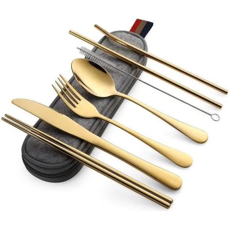 Ménagère 8 pièces,ANNEFLY Couverts de table,Ustensile Portable Couvert,Couverts Portables,Couvert Camping-Or (1/4)