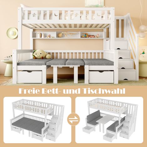 Lit superposé multifonction 90x200cm, 2-en-1 lit avec bureau intégré, échelle de rangement, barrière décorative étoiles et lune, blanc (1/5)