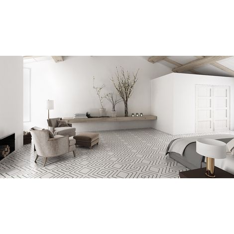 Carrelage effet carreau de ciment ENCAUSTIC 2.0 WHITE DECOR LAPPATO 30x30cm 30x30cm Noir et BlancSemi-Poli / Lappato- Boîte de 1.15 (1/3)