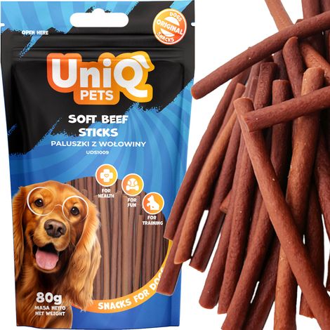 Snack per cani a forma di bastoncini di manzo morbidi UniQ Pets 80g