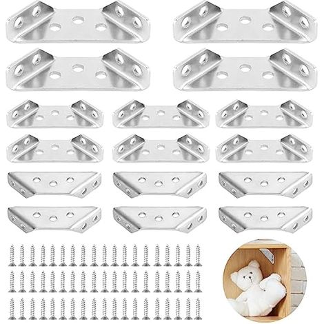 Lot de 16 supports triangulaires en acier inoxydable - 60 x 30 mm - Avec vis M4 x 16 - Pour étagères en bois, armoires, tables (1/4)