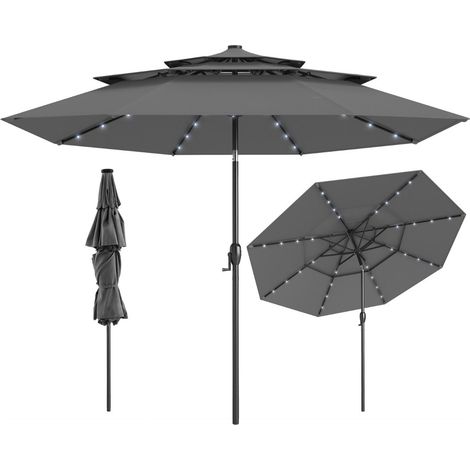 Ombrellone da giardino inclinato 313 x 248 cm con 32 luci LED e tettuccio ventilato a 3 livelli in poliestere grigio 200012992