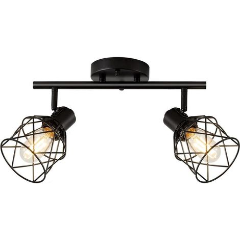 Lámpara de techo industrial con focos y riel de iluminación, color negro, 2 focos LED ajustables con portalámparas, focos de techo, riel para focos, aplique de pared -Crezuo