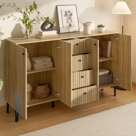 Buffet moderne bois clair 160 cm, 4 portes et 4 tiroirs, meuble de rangement