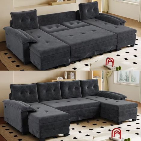 U-förmiges Schlafsofa, modular und transformierbar, großformatig (278 cm), mit ausziehbarer Liegefläche, integrierter USB-Buchse, abnehmbaren Armlehnen, modernes Design – Grau