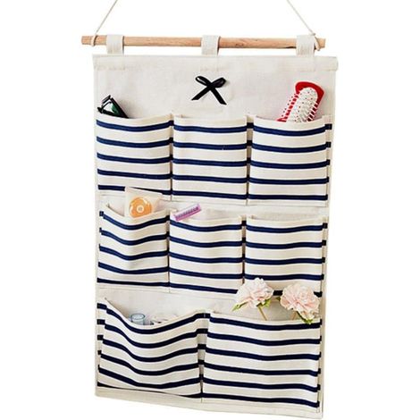 Filiyano – Organisateur de placard mural en coton et lin avec pochettes, pour sous-vêtements, chaussettes et autres articles divers (8 poches, bleu) (1/4)