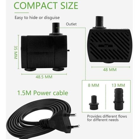 Mini pompe à eau 350 L/H 5W - Ultra silencieuse pour aquarium - 2 buses incluses - Pour bassin, fontaine, hydroponique (1/3)