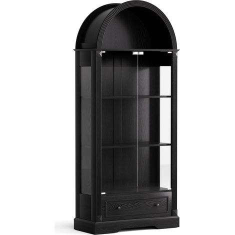 Vitrina curva de 180 cm de altura, mueble de cocina con puertas de cristal, equipada con tiras de luz LED y cajones vitrina de estilo rústico, color negro. (1/5)