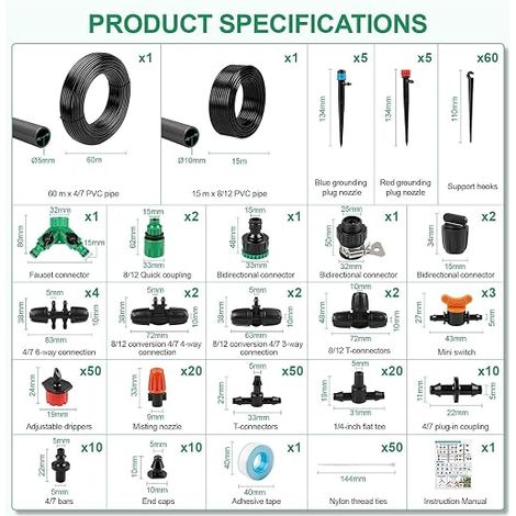 Système d'irrigation Jardin, Kit d'irrigation Goutte, Kit d'irrigation Goutte à Goutte Automatique avec 60m + 15m Tuyau, Kit arrosage Automatique pour Jardin pelouse Serre Plantes (1/4)