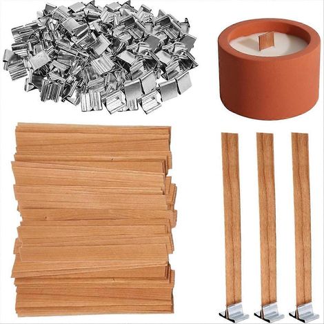Mèches en bois pour la fabrication de bougies, lot de 100 mèches en bois naturel avec 100 supports métalliques, idéal pour le bricolage, la décoration intérieure et les cadeaux. (1/5)