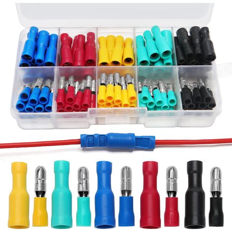 100 Pièces Cosse Câble Électrique, Mâle et Femelle Connecteurs Bullet Kit, Isolées Cosse Electrique Cylindriques (22-16 AWG) (1/5)