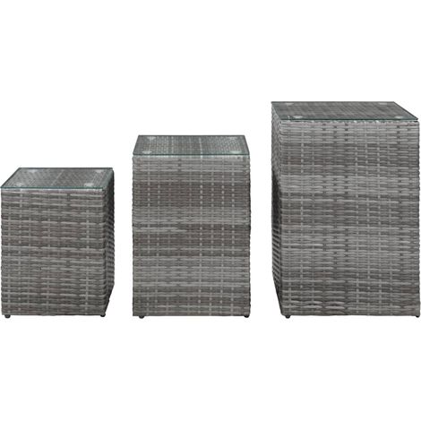 Tables d'appoint 3 pcs et dessus en verre Gris Résine tressée