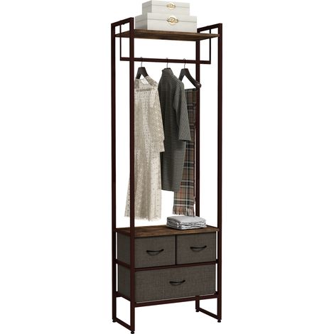 HOMCOM perchero para ropa perchero recibidor con 3 cajones de tela y estante para pasillo dormitorio salón 58,5x30x178 cm marrón rústico