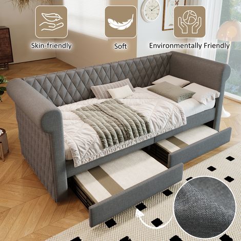 Lit rembourré vintage avec tête de lit, canapé-lit 90x200 cm, lit de repos avec 2 tiroirs de rangement, lit enfant et ado avec cadre à lattes en bois, lin, gris (sans matelas) (1/5)
