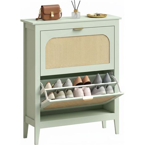 HOMCOM Boho Slim Shoe Cabinet with Rattan Doors, Holds 14 Pairs, Green (1/5)