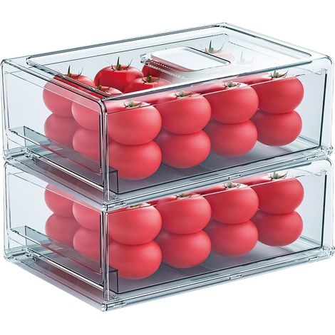Rangement Frigo, Rangement Frigo Transparent, Boite Rangement Frigo, Organisateur Frigo, Fruits du Réfrigérateur, Légumes, Viande et Tiroirs Fais, Pas de BPA(2 pièces,30 x 20,6 x 11,5 cm) (1/5)
