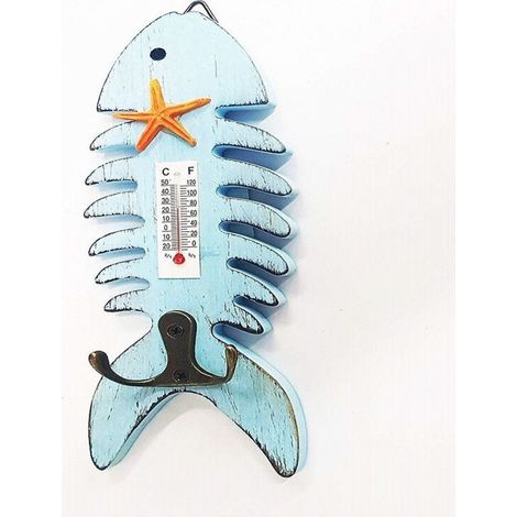 Thermomètre Analogique Thermomètre Mural En Bois Poisson Bleu Double Crochet à Clé