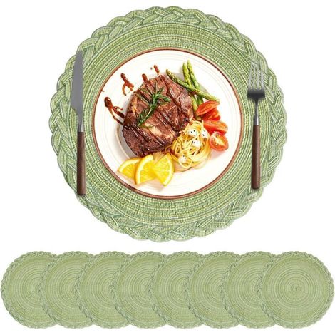Lot De 8 Sets De Table Ronds, Lavables, Tressés, Résistants À La Chaleur, Style Bohème (8 Rayures Florales, Vert) (1/5)
