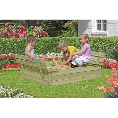 Sandkasten Kalle mit Bank und Klappdeckel, 120x120x25 cm