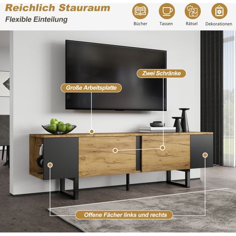 Meuble TV 180x40x55cm, console TV avec 2 armoires et étagères ouvertes latérales, support pour téléviseur jusqu'à 75 pouces, meuble salon bas en bois. (1/5)