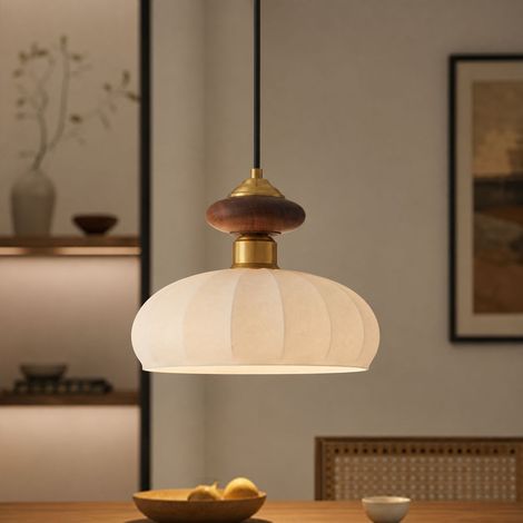 Suspension en bois de noyer style vintage, abat-jour citrouille 25cm, hauteur 20cm, câble réglable 150cm, lumière neutre douce (1/4)