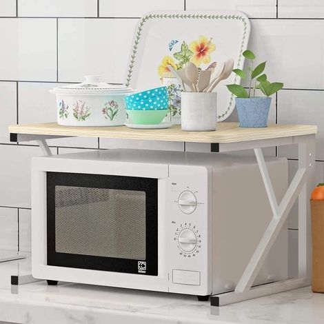Étagère Extensible Micro-ondes - 1 Unité - Métal et Bois - Gain de Place Cuisine - Support Appareils Électroménagers - 54x35x34,5cm Jaune Noyer (1/5)