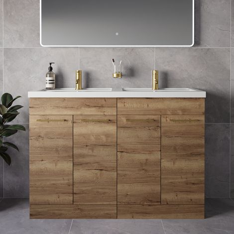 Napoli 390 Tobacco Oak 1200mm 4 Door Vanity Unit with Double Lucia Basins - 1200mm - Brushed Brass 160mm Handle