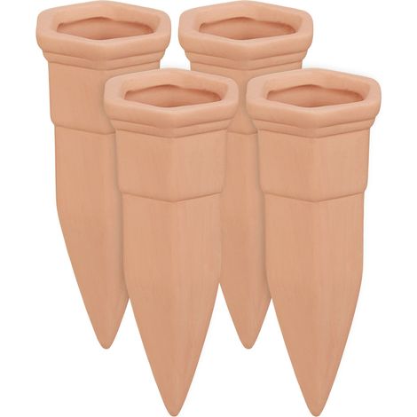 Relaxdays watering spikes, 4x clay plant waterer, self-watering system, use with 1.5 l plastic bottles, terracotta
