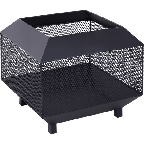 Metal Square Fire Pit Outdoor Mesh Firepit Brazier w/ Lid, Log Grate, Poker Backyard, Camping, Bonfire, Wood Burning Stove, 44 x 44 x 40cm, Black (1/5)