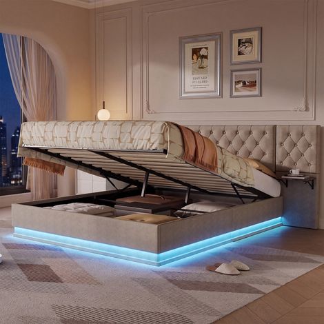 Cama canapé doble capitoné 140x200, 2 mesitas de noche, LED, carga inalámbrica, USB, estilo clásico - Beige (1/5)