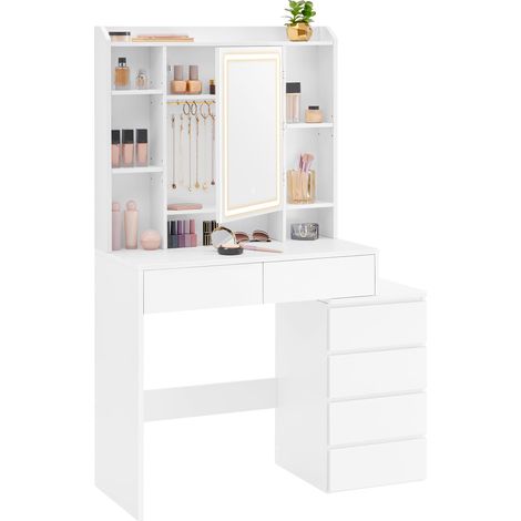 Coiffeuse avec Miroir LED, Luminosité Réglable, Table de Maquillage, 40 x 98,3 x 145 cm, Compartiments Ouverts, Étagères Réglables, Moderne, Blanc Nuage (1/5)