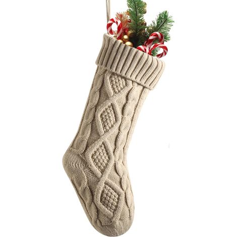 Chaussette de Noël de 45 cm (18 pouces), grande chaussette de Noël en tricot noué, décoration de Noël pour la maison, lin (1/5)