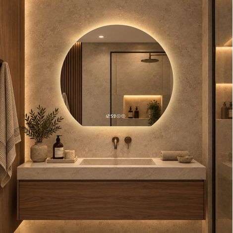 MODFU – Espejo de pared LED de vidrio y metal con regulador, antivaho, hora y temperatura, 3 colores e IP44 – Plateado (1/5)