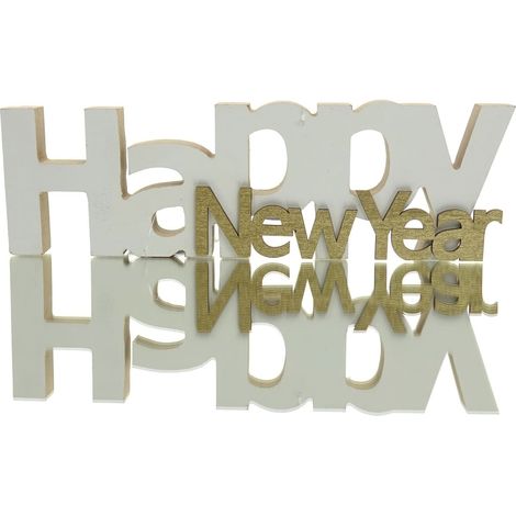 Boltze Schriftzug Naika Happy New Year Weiß & Goldfarben 29,5 cm - Holz (1/2)