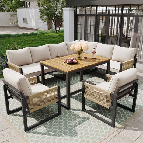 Siebenteiliges Gartenlounge-Set aus Metall und Polyester in Beige, modular, mit Tisch und 8 cm Polstern (1/5)
