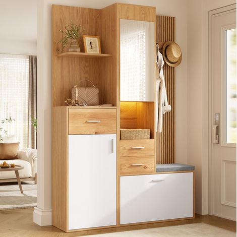 Mobile ingresso 120x32x178 cm con specchio, panca, porta scarpe, cassetti, LED e finitura naturale - bianco (1/5)