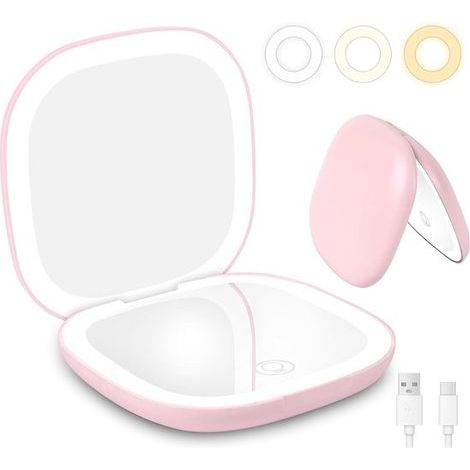 Kosmetikspiegel mit LED-Beleuchtung, 10-facher Vergrößerung, einstellbarer Helligkeit, 3 Lichtfarben, wiederaufladbar, doppelseitig, ideal für den Heimgebrauch (1/5)