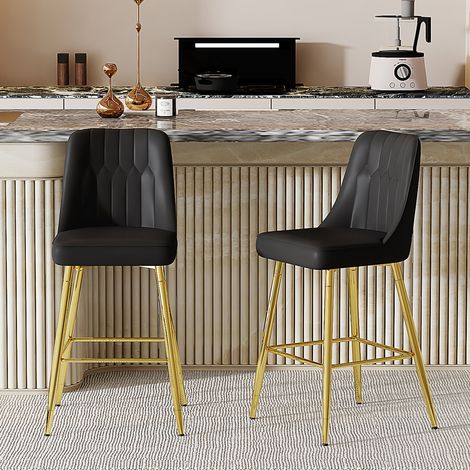 Lot de 2 tabourets de bar 100 cm hauteur, cuir PU noir cadre métal doré avec repose-pieds, idéal bar à domicile