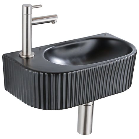 QeramiQ Fuente Ensemble de lavabo - 40x21.5x12cm - gauche - nervuré - demi-rond - 1 trou de robinet - céramique - robinet de lavabo acier inoxydable