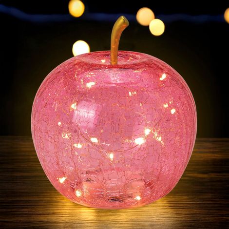 LED Glas Apfel 16 cm - rosa - Deko Frucht in Bruchglas Optik Batterie betrieben mit Timer
