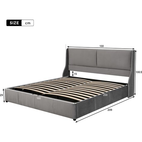 Lit double rembourré, tête de lit en forme d'oreille, sommier relevable hydraulique, 160x200 cm, gris, tissu gris moderne (1/5)