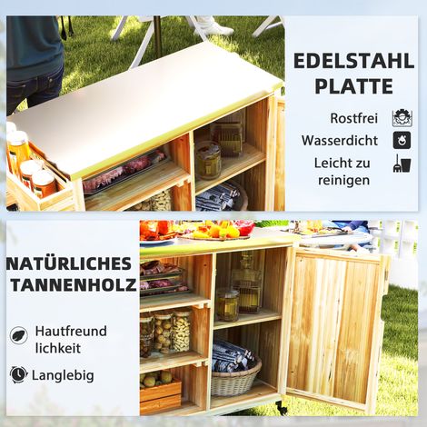 Îlot de cuisine extérieur, chariot barbecue avec armoire et étagères, meuble de cuisine en bois et inox, sur roues, bois naturel (1/4)