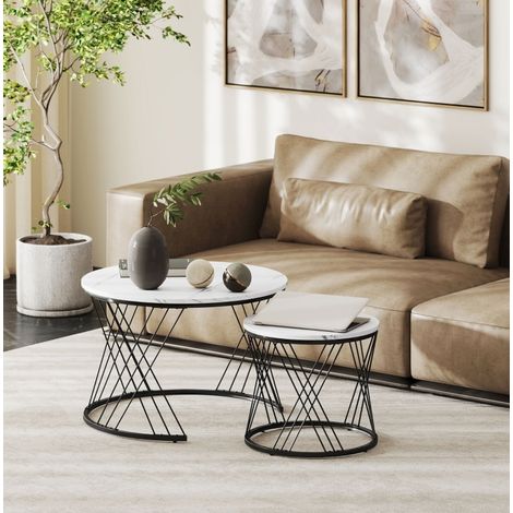 Tavolino basso rotondo impilabile effetto marmo, set da 2, 70 x 70 x 46,5 cm, bianco DESVIAE (1/5)