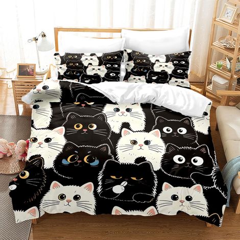 Parure de lit chat en microfibre douce et douillette avec housse de couette à fermeture éclair 1 housse de couette et 2 taies d'oreiller 50 x 75 cm (chat C, 135 x 200 cm + 2 x 80 x 80 cm) (1/5)
